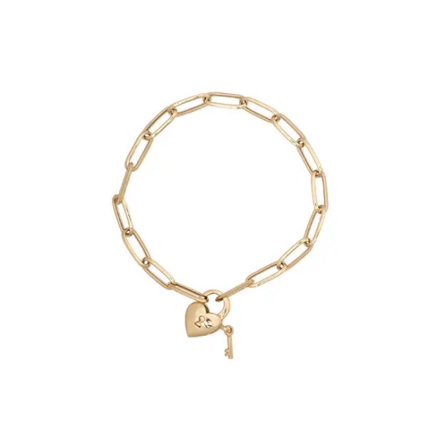 18k Gold Heart Lock Paperclip Chain Bracelet