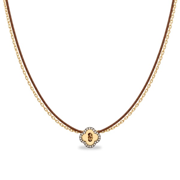 Lunor Necklace | 18k gold necklace with brown cord and diamond clover